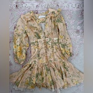 Zimmermann Amelie Floral Puff Sleeve Corset Linen Dress
